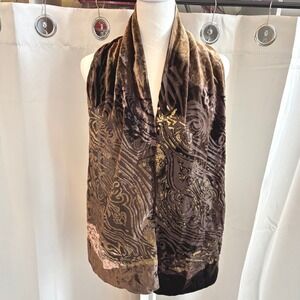 Vtg J&X NY Velvet Burnout Silk Blend Brown Scarf Paisley Old Money Whimsy 19866